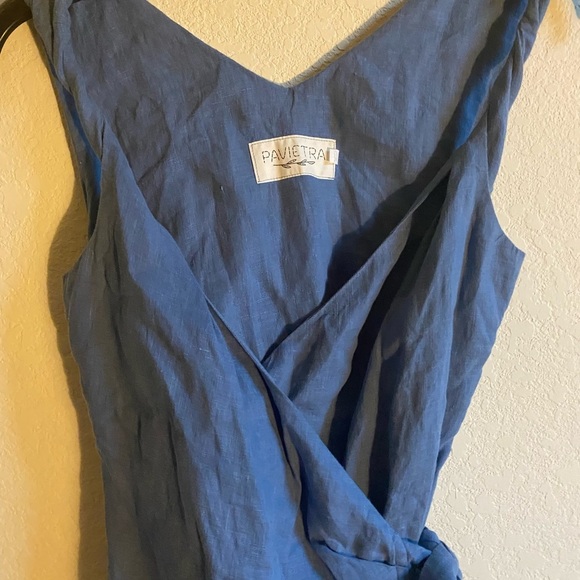 PAVIETRA Linen Twisted Straps Blue Wrap Pockets Resortwear Feminine Dress XS - Picture 4 of 16